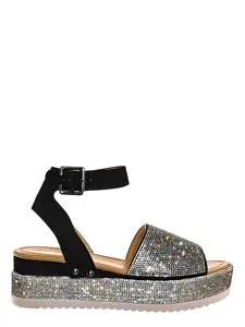 Detailed side view of platform wedge sandals featuring sparkling rhinestone embellishments.