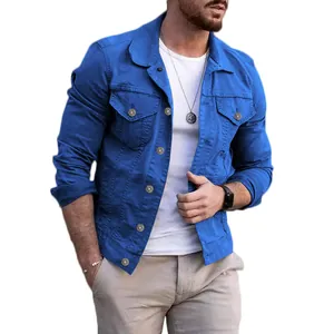 Professional slim fit men's blue denim jacket with turn-down collar and button pockets