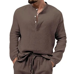 Detail view of brown seersucker men's casual long-sleeve shirt with fabric texture