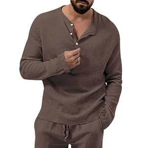 Detailed view of men's casual brown seersucker shirt featuring textured cotton fabric
