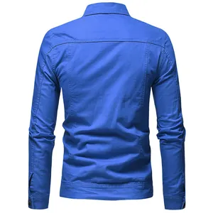Detail view showing the back design and stitching of a men's blue denim slim fit jacket