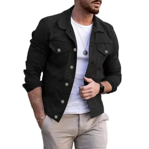 Detail shot of men's slim fit black denim jacket featuring metallic buttons and lapel collar