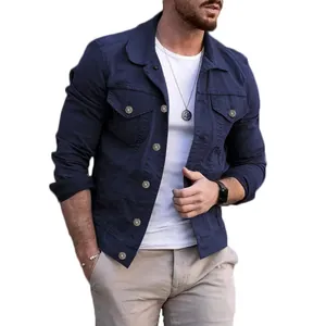 Stylish slim fit navy blue denim jacket with lapels for men's casual autumn wear.