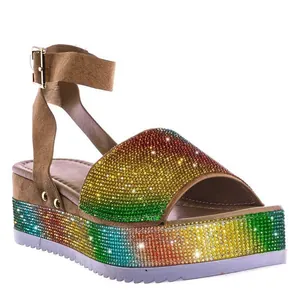 Colorful rainbow rhinestone platform wedge sandals with ankle strap buckle closure