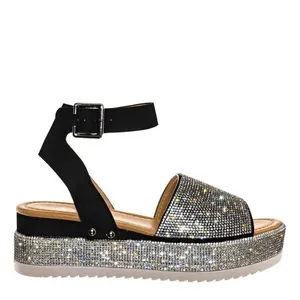 Women's rhinestone platform wedge sandals with black ankle buckle strap in white background
