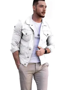 Men's slim fit white denim jacket with lapel collar and chest pockets for autumn