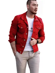 Men's slim fit red denim jacket with lapel collar and metal buttons for casual wear