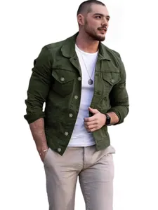 Men's olive green slim fit denim jacket with turn-down collar and buttoned pockets.