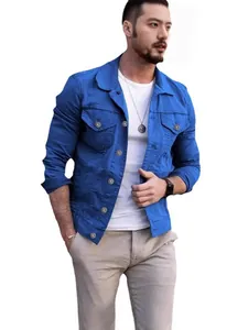 Slim fit royal blue denim jacket for men featuring classic collar and chest pockets
