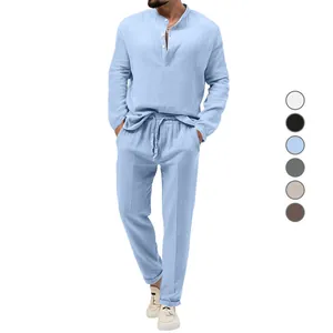 Ensemble deux pièces décontracté en seersucker pour homme, chemise Henley et pantalon long.