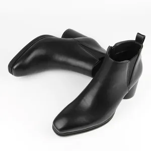 Men's Pointed Toe Chelsea Boots Fashion Business Middle Heel Heightening Cowboy Boots Side Zipper Burnished PU Leather Formal Ankle Boots
