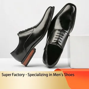 Men Genuine Leather Oxford Shoes Business Casual Formal Dress Shoes With Wood Grain Heel Lace-Up Round Toe Shoes