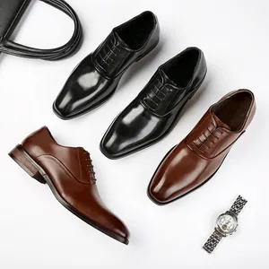 Premium men's genuine leather Oxford business shoes in classic black and brown colors
