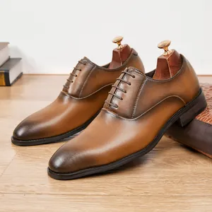 Premium brown genuine leather men's Oxford dress shoes with wood-tone heel for business