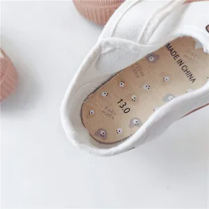 Detailed macro view of soft baby canvas shoe insole with a cute printed bear pattern