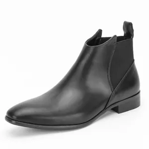 Side view of classic black leather Chelsea boots for men with elastic panels