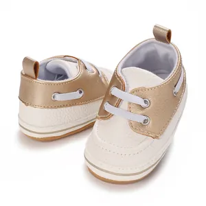 Comfortable white and metallic gold casual lace-up baby walking shoes for infants 0-1 year