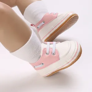 Adorable pink and white faux leather casual lace-up baby walking shoes for infants 0-1 year old