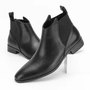 Men Classic Retro PU Leather Chelsea Boots Black Large Size British Style Slip On Ankle Boots With Elastic Side Panels