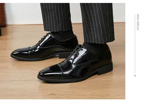 Classic black patent leather Oxford dress shoes for men with cap-toe detail