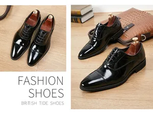 Professional macro shot of high-gloss patent leather cap-toe Oxford dress shoes for men