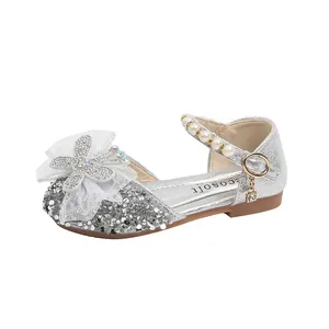 Scarpe da principessa argento per bambine con farfalla di strass e perline