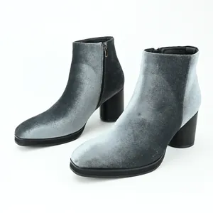 Elegant grey velvet men's Chelsea boots featuring a side zipper and sturdy block heel.