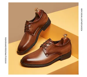 Professional view of brown leather brogue derby shoes on tiered display platform.
