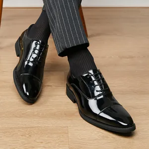 Premium men's black patent leather cap-toe Oxford shoes for formal business wear
