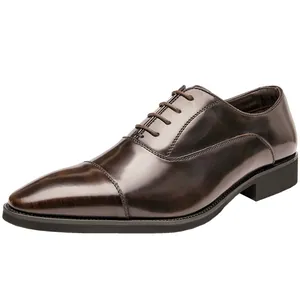 Classic dark brown leather Oxford shoes with cap toe for men's formal business wear