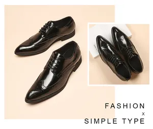 Detailed top view of shiny black patent leather brogue shoes with pointed toe design