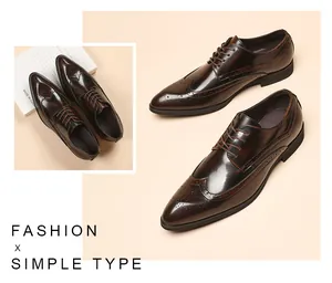 Close-up detail of dark brown patent leather brogue shoes with wingtip carving and lace-up