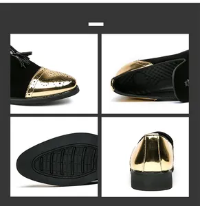 Vues détaillées de chaussures Brogue noires avec bout doré métallique et glands décoratifs