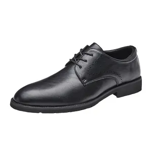 Classic black leather business formal dress shoes for men with elegant brogue detailing
