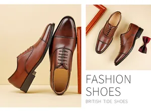 Close-up view of premium brown leather cap-toe Oxford shoes in a business style