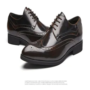 Detailed view of dark brown shiny leather Brogue Derby shoes with intricate wingtip perforations