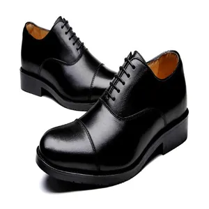 Detail view of premium men's black genuine leather cap-toe Oxford business formal shoes