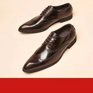 Men Business Formal Patent Leather Brogue Derby Shoes British Style Wingtip Carved Glossy Pointed Toe Formal Dress Shoes