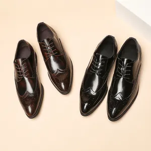 Classic wingtip brogue business dress shoes for men in black and brown patent leather