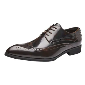 Classic men's brown patent leather brogue derby shoes with decorative wingtip perforations