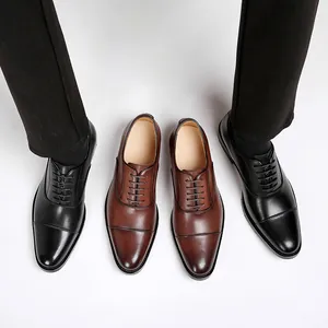 Premium men's genuine leather cap-toe Oxford dress shoes in classic black and brown