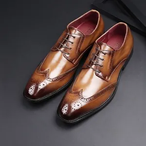 Chaussures Oxford Brogue Style Britannique pour Hommes en Cuir Véritable de Vachette Bout Aile Sculpté Chaussures de Ville Formelles