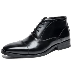 Men's black business formal leather dress boots with side zipper and lace-up design
