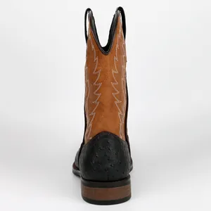 Vista posterior de bota de vaquero retro con bordado blanco y textura de piel de avestruz fénix