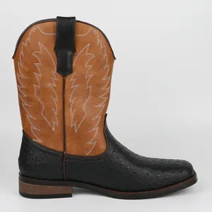 Botas de Vaquero Western Retro para Hombre Punta Cuadrada Bordadas a Media Pierna de Piel de Avestruz Sintética Sin Cordones para Moda Diaria Trabajo