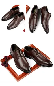 Elegant brown men's Brogue leather dress shoes featuring classic wingtip detailing