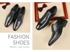 Black leather Derby shoes with embossed pattern and lace-up design in a studio setting.