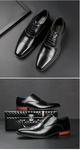 Detail of men's black leather Oxfords with brogue stitching and contrasting wood-texture heel.