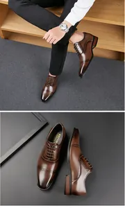 Professional detail view of brown leather men's Oxford shoes with elegant brogue carving.