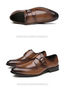 Professional detail view of men's brown leather monk strap shoes for formal business wear